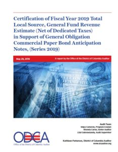 Certification of Fiscal Year 2019 Total Local Source, General Fund Revenue Estimate (Net of Dedicated Taxes) in Support of General Obligation Commercial Paper Bond Anticipation Notes, (Series 2019)